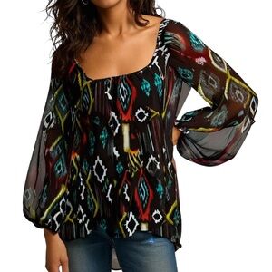 Show Me Your Mumu Sheer Pattern Long Sleeve Peasant Blouse Small Tribal Western